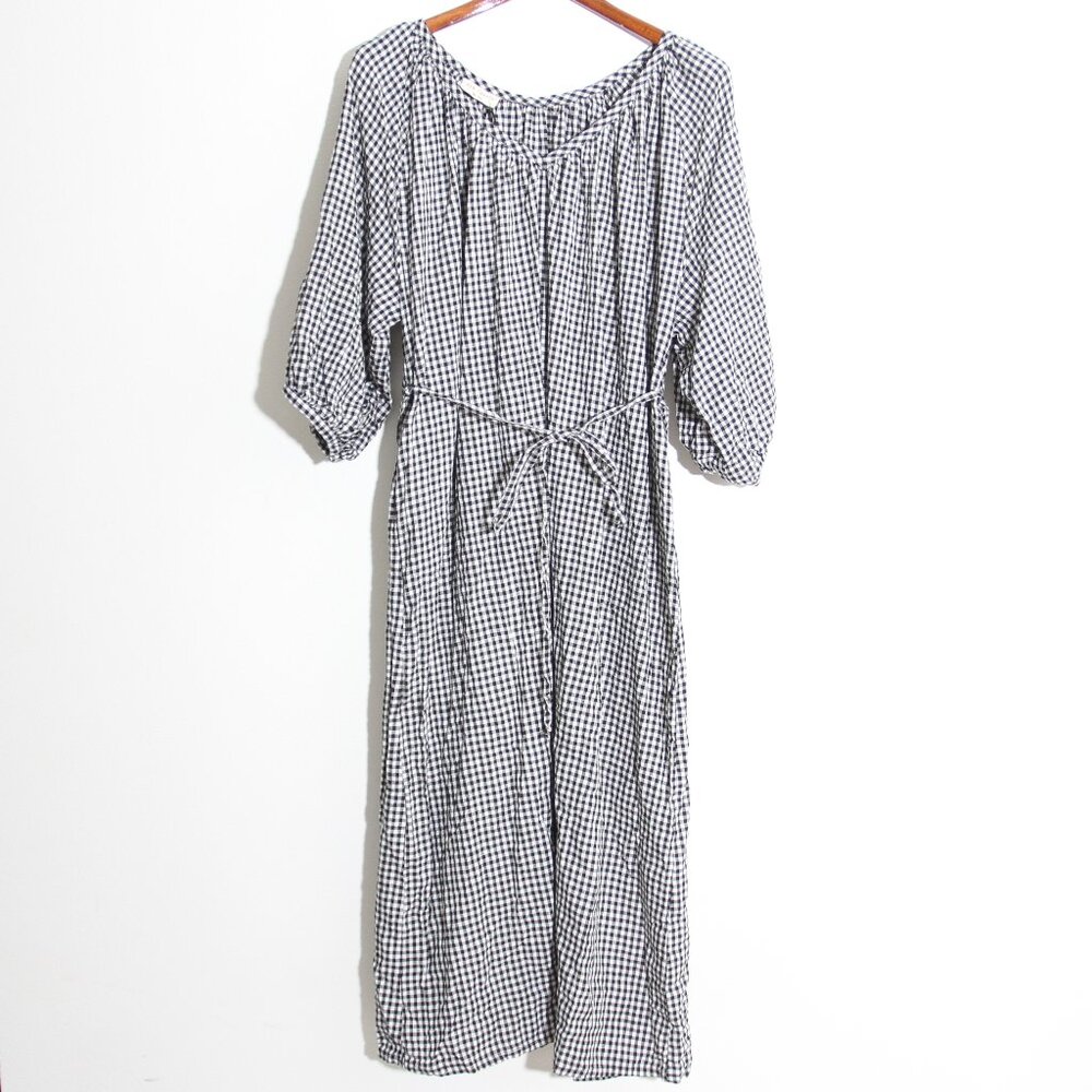 NWT Eva Cassis Athena Midi Dress 100% Italian Linen Gingham Check Plaid One Size